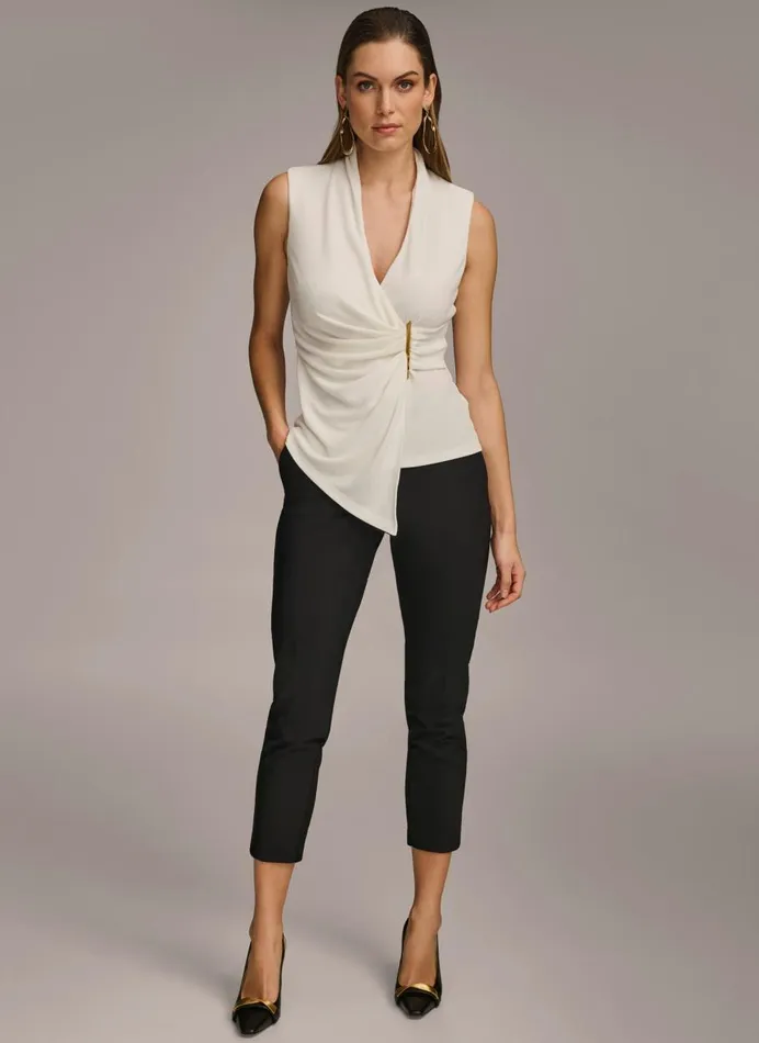 Women Donna Karan Sweaters And Tops VNECK WITH HARDWARE AND RUCHED DETAIL Cream