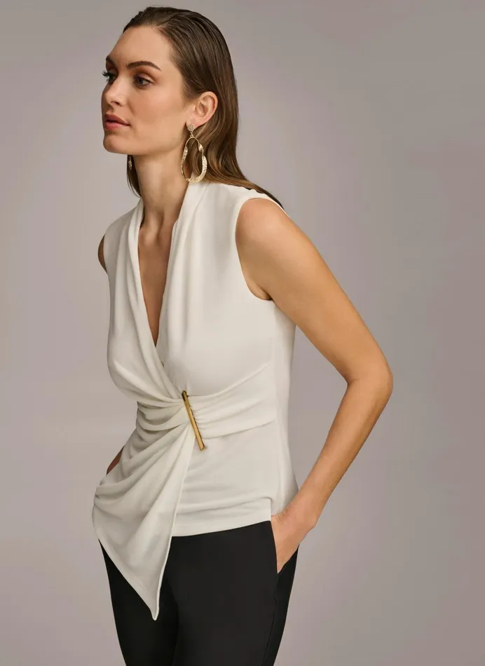 Women Donna Karan Sweaters And Tops VNECK WITH HARDWARE AND RUCHED DETAIL Cream