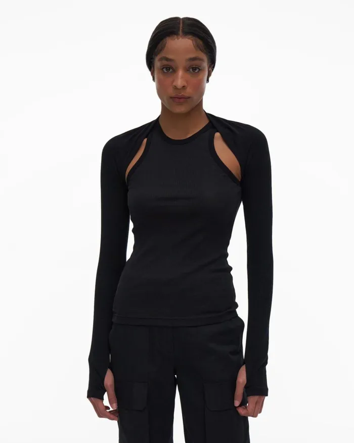 Women Double Rib Tee Set Basalt Black Helmut Lang Tops