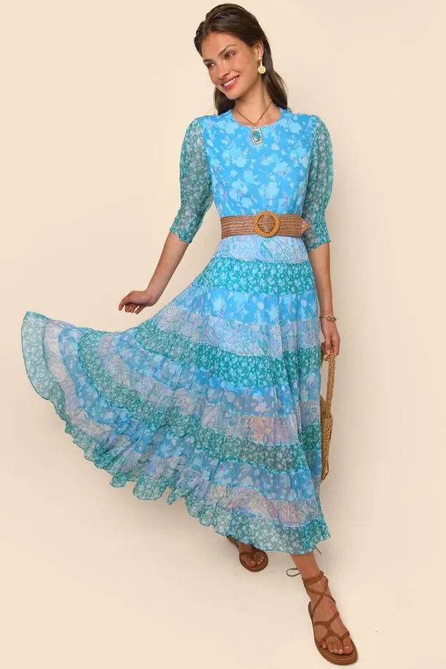 Women Dresses RIXO Agyness Havana Floral Blue Mix Women Dresses RIXO Agyness Havana Floral Blue Mix