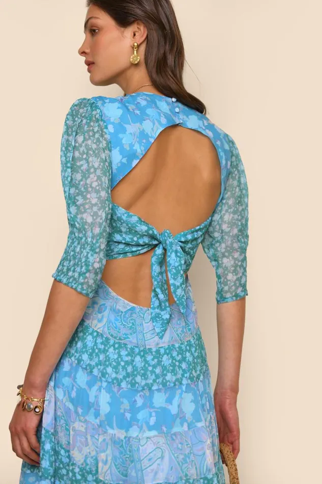 Women Dresses RIXO Agyness Havana Floral Blue Mix Women Dresses RIXO Agyness Havana Floral Blue Mix