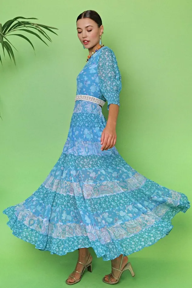Women Dresses RIXO Agyness Havana Floral Blue Mix Women Dresses RIXO Agyness Havana Floral Blue Mix