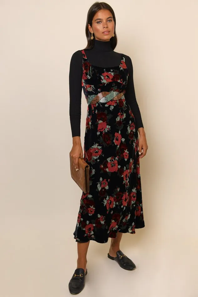Women Dresses RIXO Benedict Black Poppy Burnout Women Dresses RIXO Benedict Black Poppy Burnout