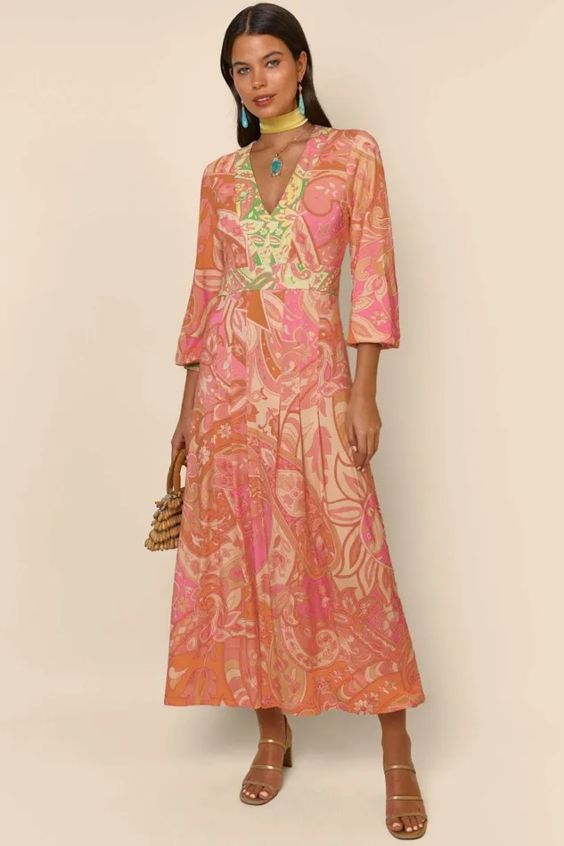 Women Dresses RIXO Caro Grace Paisley Peach Mix