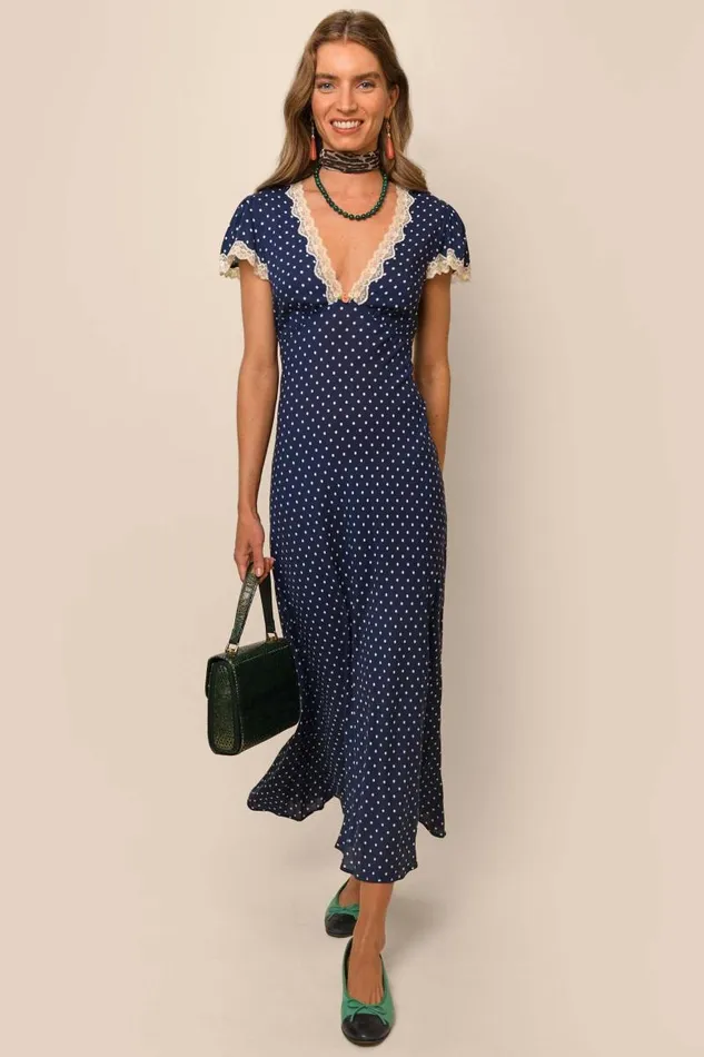 Women Dresses RIXO Clarice Polka Dot Navy