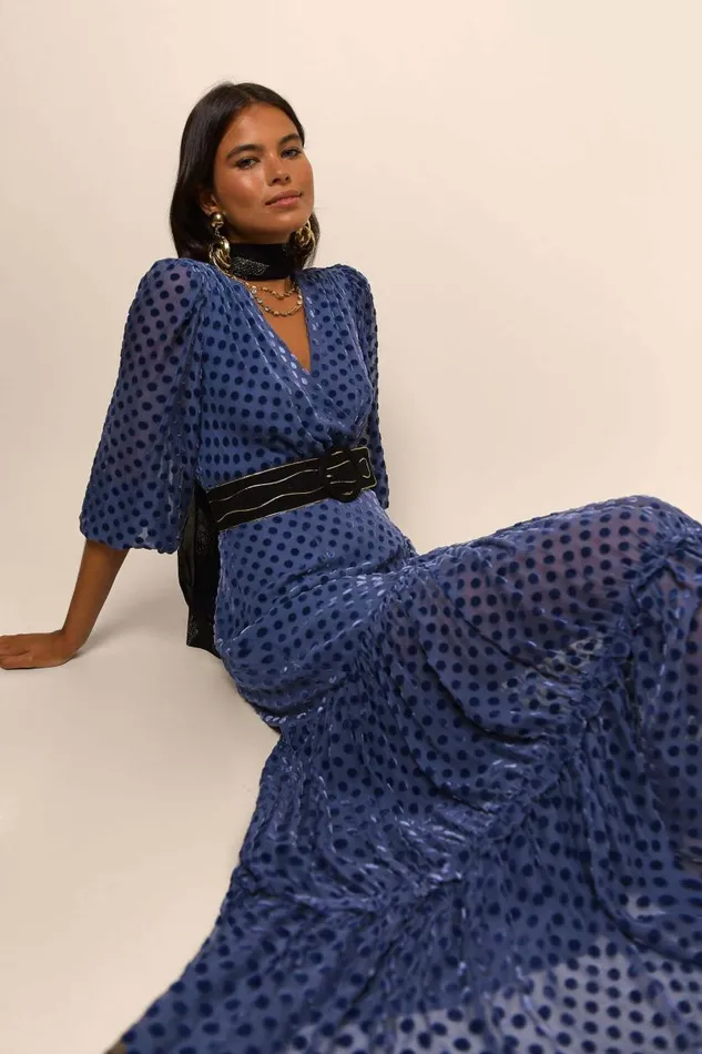 Women Dresses RIXO Elsie Steel Blue Burnout Spot Women Dresses RIXO Elsie Steel Blue Burnout Spot