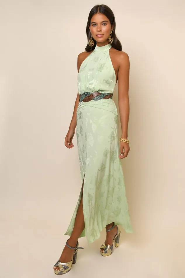 Women Dresses RIXO Kendra Pistachio Poppy Jacquard Women Dresses RIXO Kendra Pistachio Poppy Jacquard