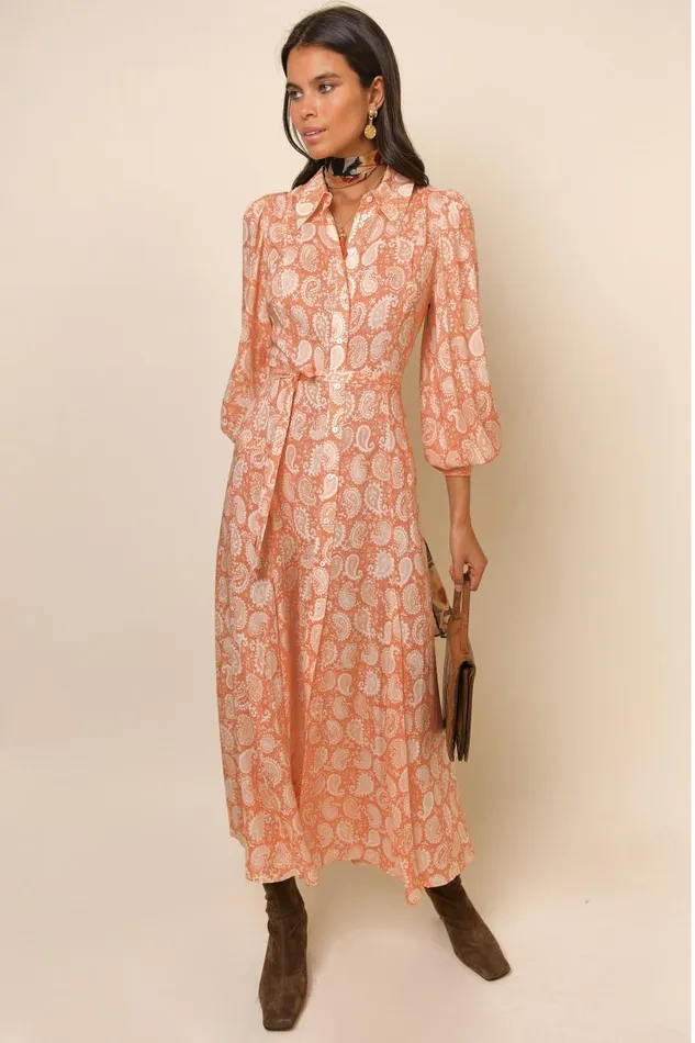 Women Dresses RIXO Maddison Peach Paisley Stamp