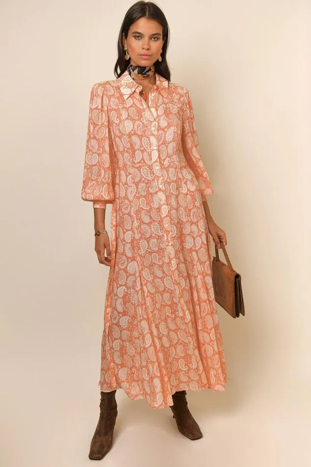 Women Dresses RIXO Maddison Peach Paisley Stamp Women Dresses RIXO Maddison Peach Paisley Stamp