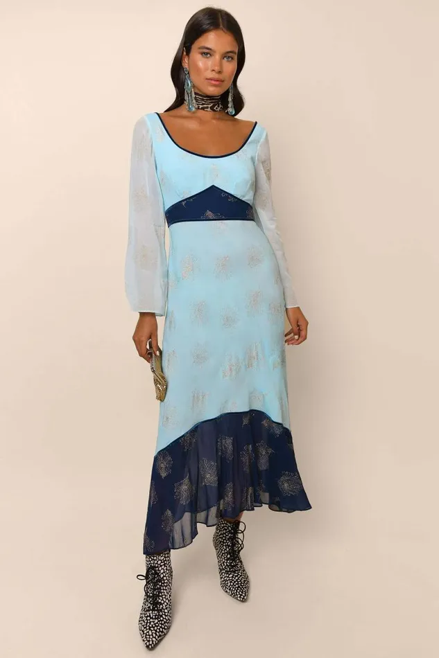 Women Dresses RIXO Mathilde Blue Glitter Feather Mix