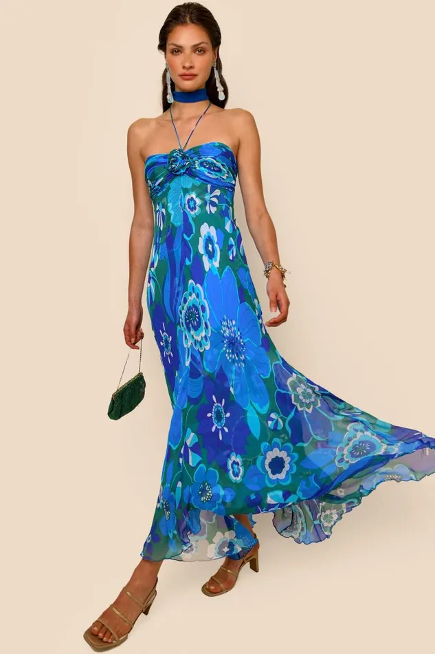 Women Dresses RIXO Samira Retro Floral Blue