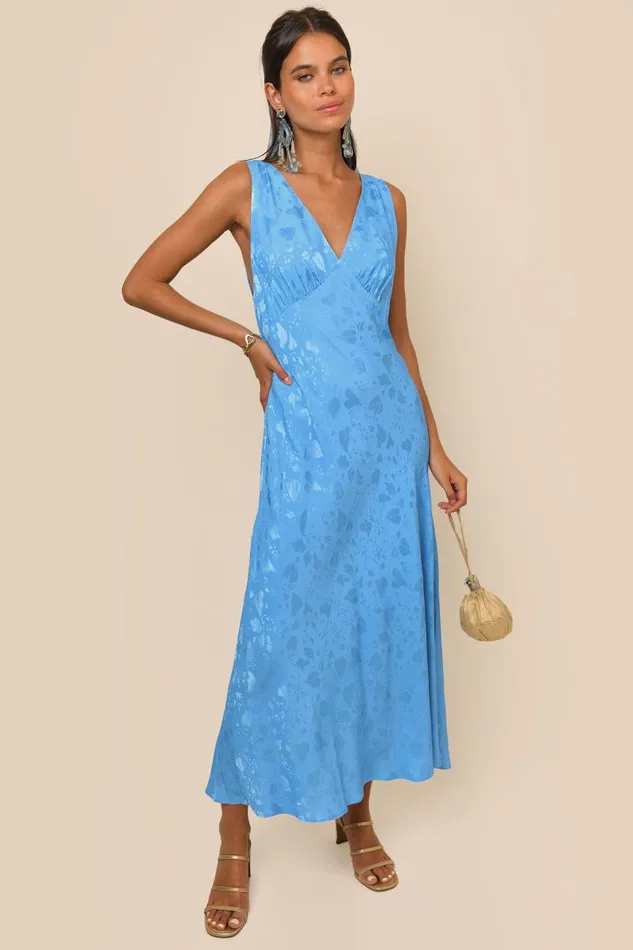 Women Dresses RIXO Sandrine Blue Leaf Jacquard