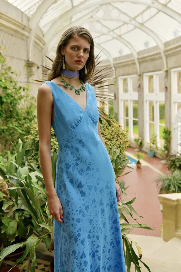 Women Dresses RIXO Sandrine Blue Leaf Jacquard Women Dresses RIXO Sandrine Blue Leaf Jacquard