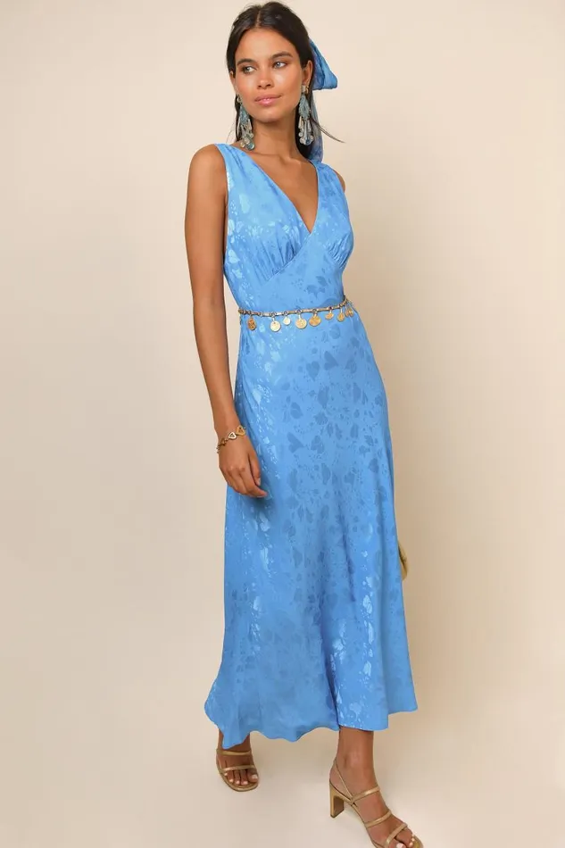 Women Dresses RIXO Sandrine Blue Leaf Jacquard Women Dresses RIXO Sandrine Blue Leaf Jacquard