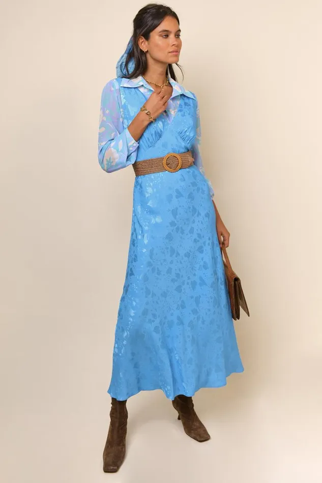 Women Dresses RIXO Sandrine Blue Leaf Jacquard Women Dresses RIXO Sandrine Blue Leaf Jacquard