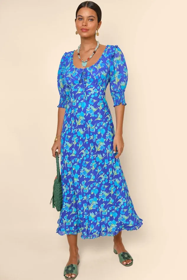 Women Dresses RIXO Sathya Fontainhas Floral Cobalt