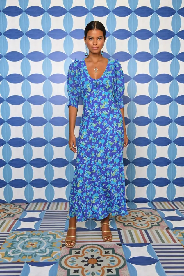 Women Dresses RIXO Sathya Fontainhas Floral Cobalt