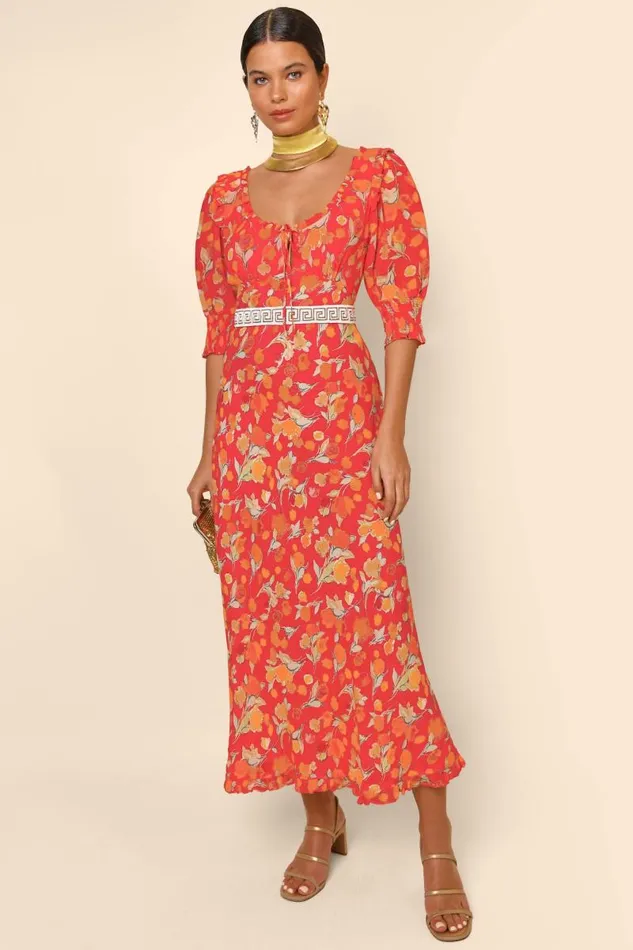 Women Dresses RIXO Sathya Fontainhas Floral Coral