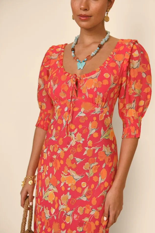 Women Dresses RIXO Sathya Fontainhas Floral Coral