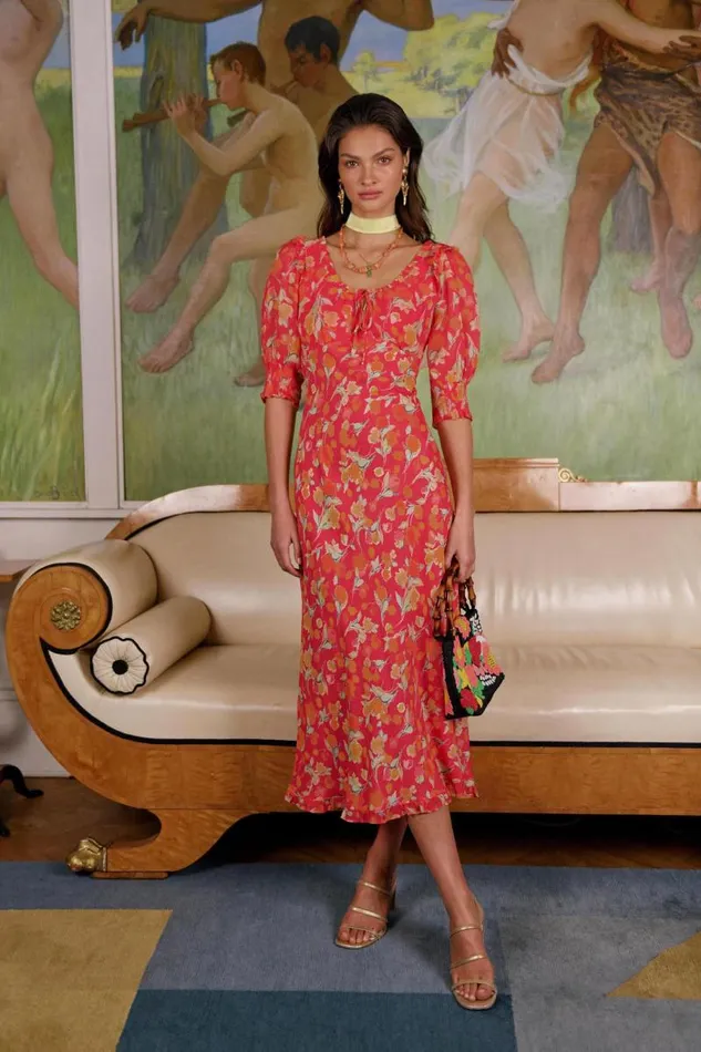Women Dresses RIXO Sathya Fontainhas Floral Coral
