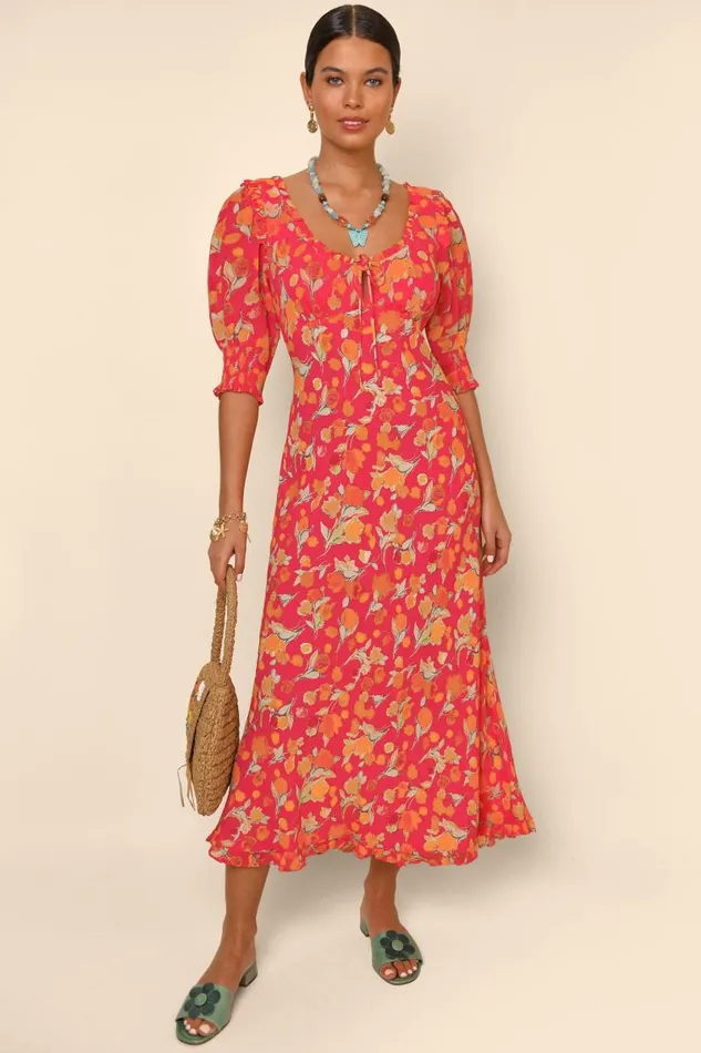 Women Dresses RIXO Sathya Fontainhas Floral Coral