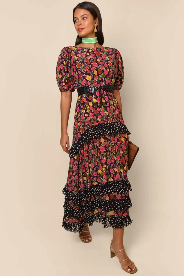 Women Dresses RIXO Shireen Fontainhas Floral Maroon Mix Women Dresses RIXO Shireen Fontainhas Floral Maroon Mix