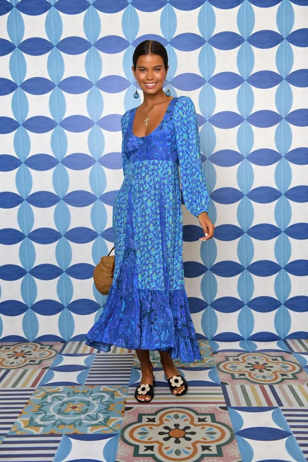 Women Dresses RIXO Virginia Fontainhas Floral Cobalt Mix