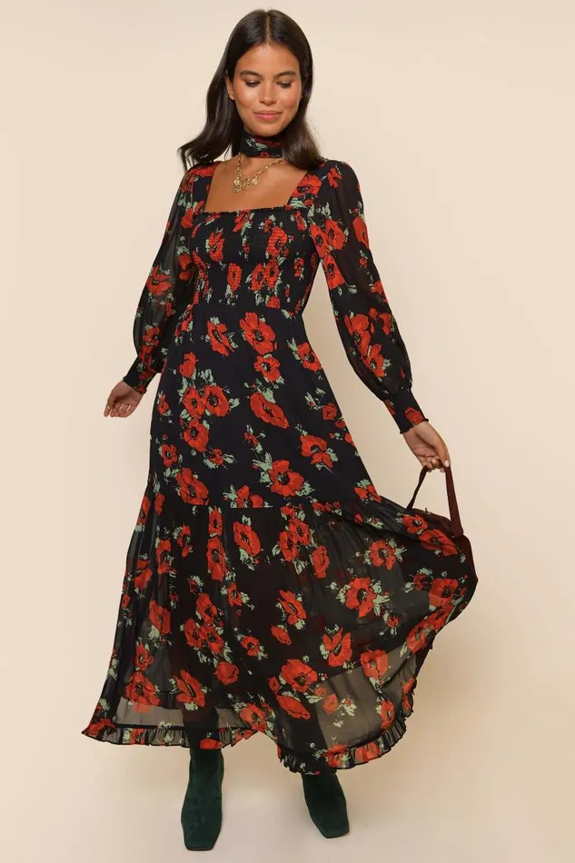 Women Dresses RIXO Yas Black Poppy