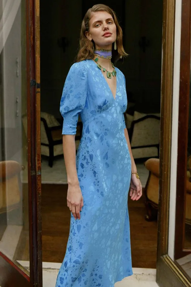 Women Dresses RIXO Zadie Blue Leaf Jacquard