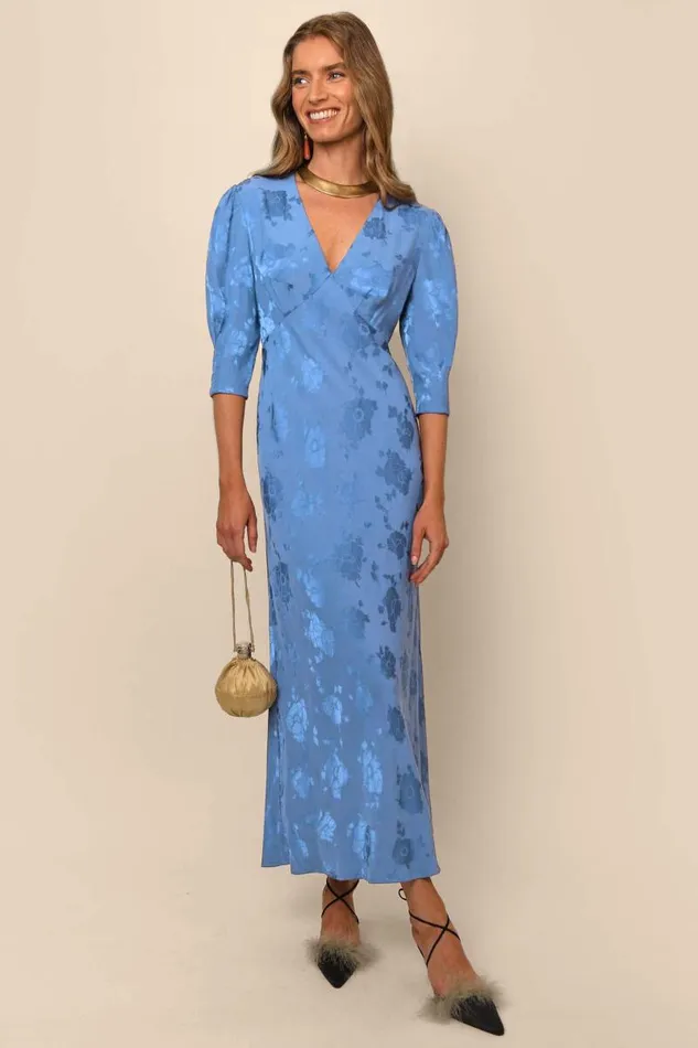 Women Dresses RIXO Zadie Blue Leaf Jacquard Women Dresses RIXO Zadie Blue Leaf Jacquard