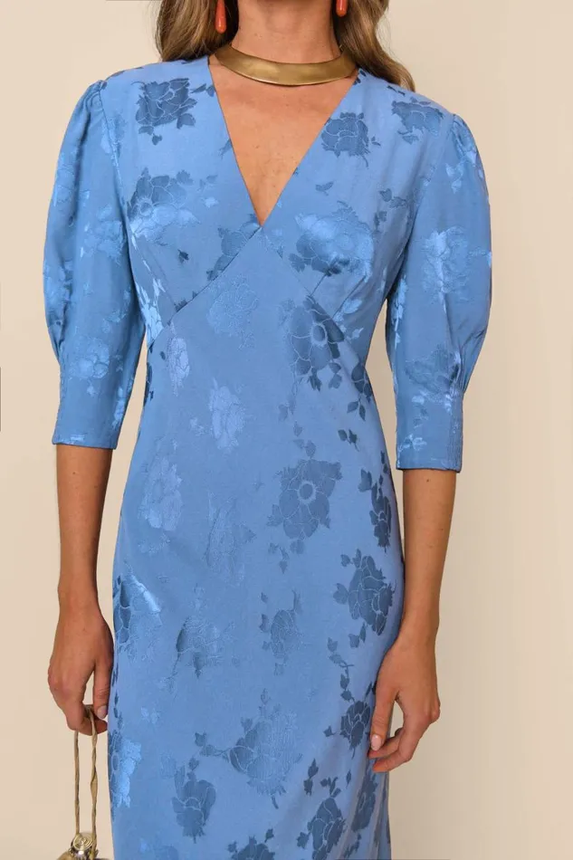 Women Dresses RIXO Zadie Blue Leaf Jacquard Women Dresses RIXO Zadie Blue Leaf Jacquard