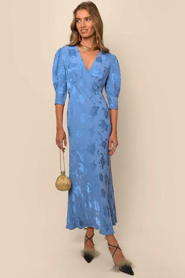 Women Dresses RIXO Zadie Blue Leaf Jacquard Women Dresses RIXO Zadie Blue Leaf Jacquard