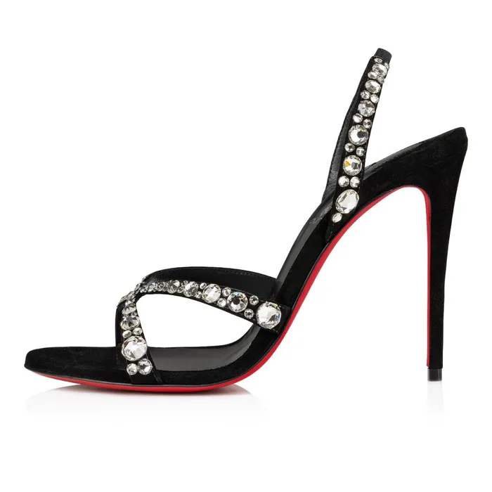 Women Emilie Strass 100 Mm Sandals 8211 Veau Velours And Strass 8211 Black Black Christian Louboutin Sandals and Slides