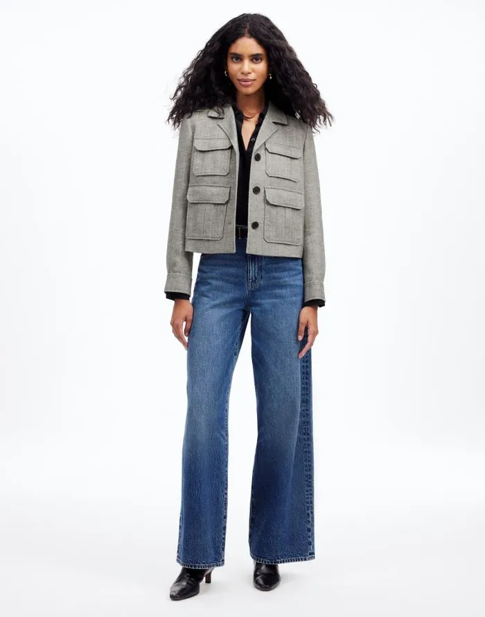 Women FlapPocket Field Jacket In Herringbone Slate Grey Herringbone Madewell Coats Jackets