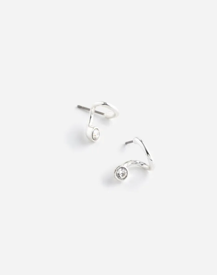 Women Floating Crystal Huggie Hoop Earrings Polished Silver Madewell Jewelry