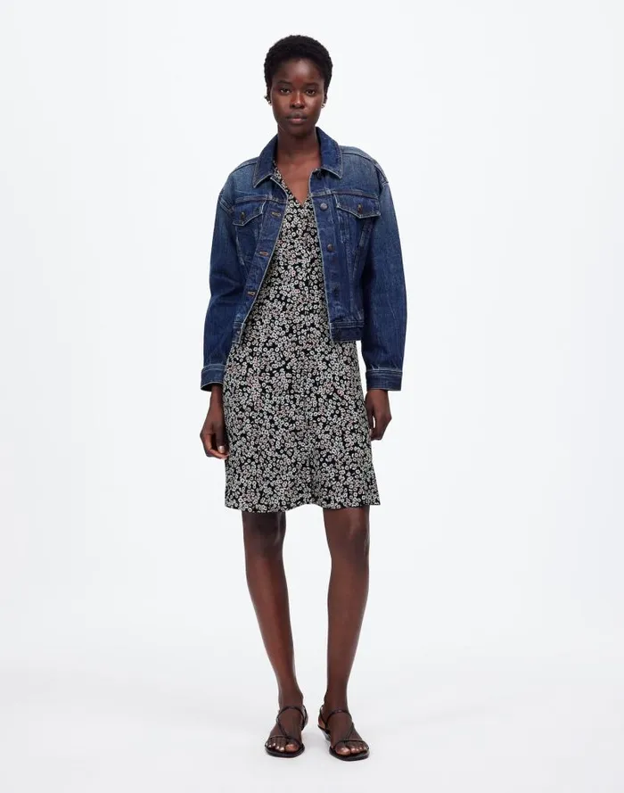 Women FlutterSleeve Mini Dress In Floral Daisy Black Ground Madewell Dresses