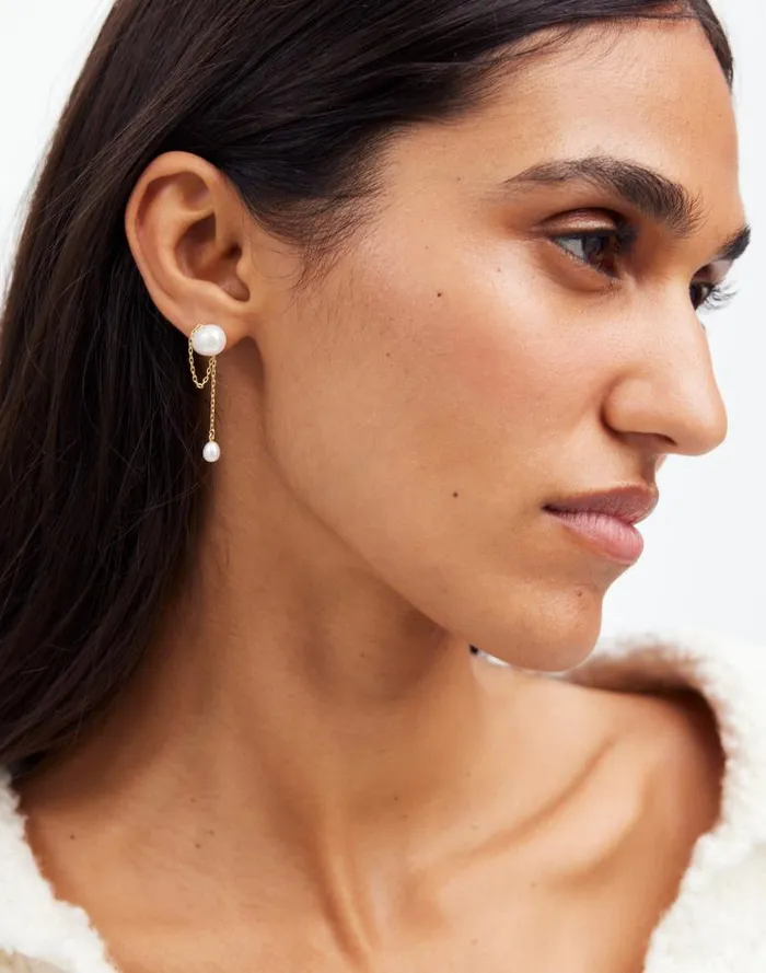 Women Freshwater Pearl Dangle Chain Stud Earrings Vintage Gold Madewell Jewelry