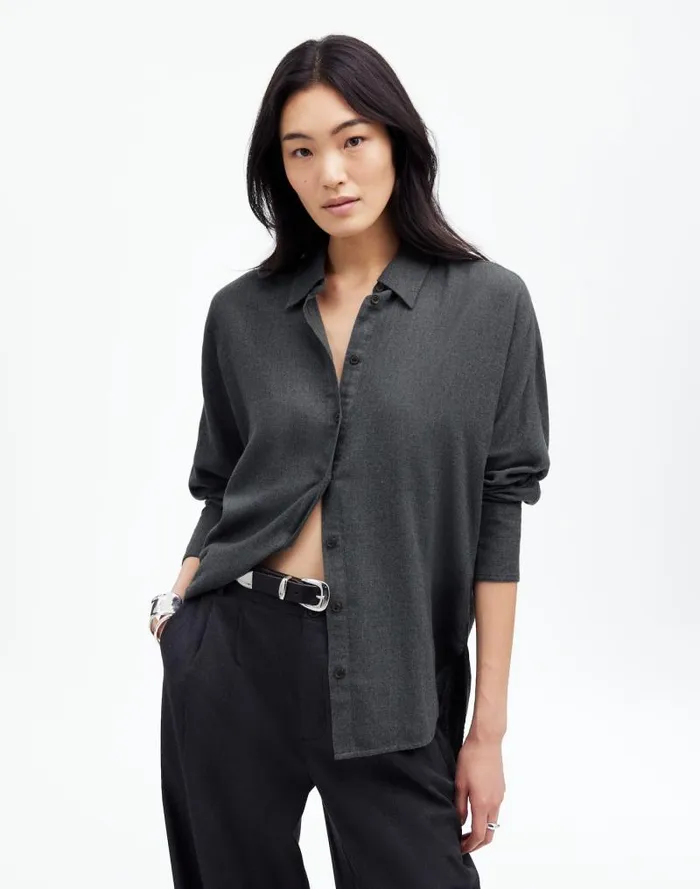 Women Heathered Flannel Dolman ButtonUp Shirt Charcoal Melange Madewell Tops and Shirts Women Heathered Flannel Dolman ButtonUp Shirt Charcoal Melange Madewell Tops and Shirts