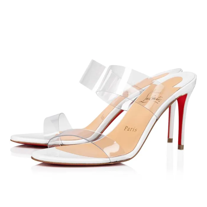 Women Just Nothing 85 Mm Mules 8211 Patent Calf And PVC 8211 Bianco White Christian Louboutin Sandals and Slides Women Just Nothing 85 Mm Mules 8211 Patent Calf And PVC 8211 Bianco White Christian Louboutin Sandals and Slides