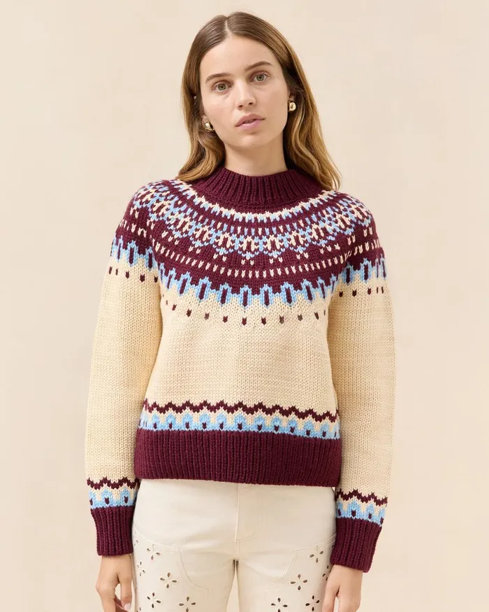 Women Knitwear Loeffler Randall Florence CreamMaroon Fairisle Sweater