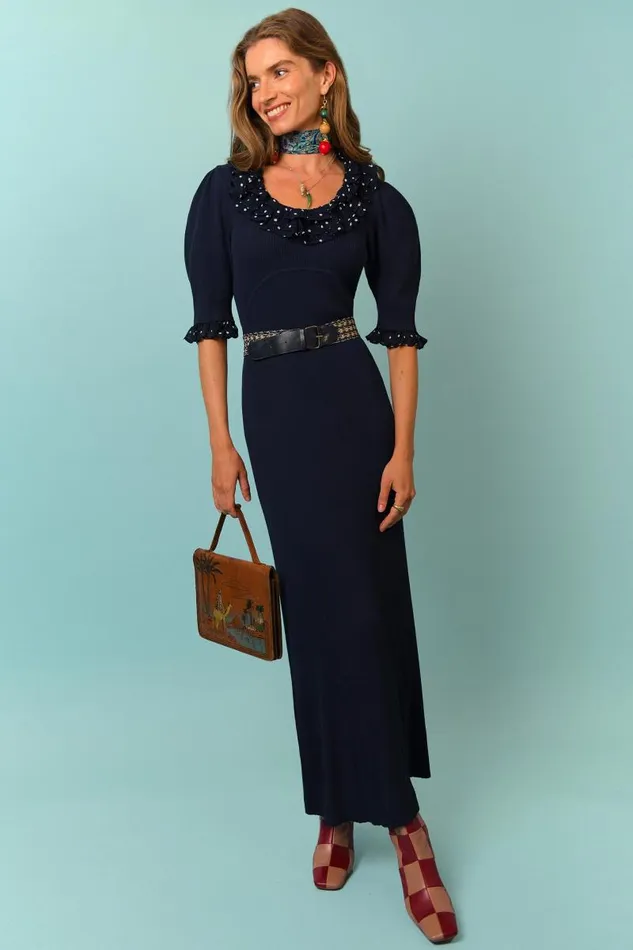 Women Knitwear RIXO Giuliana Navy Vintage Spot Women Knitwear RIXO Giuliana Navy Vintage Spot
