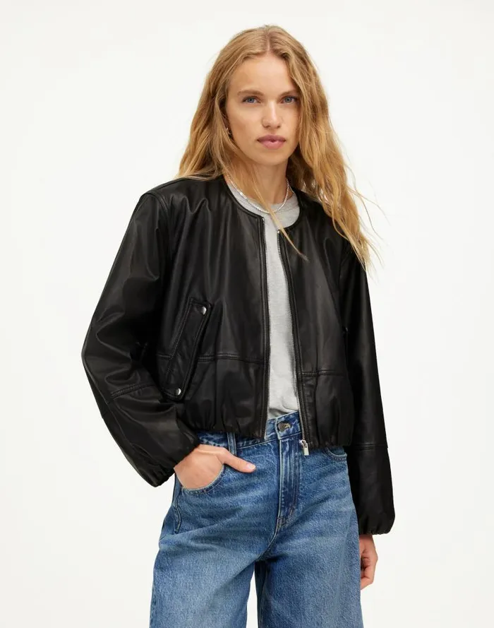 Women Leather BubbleSleeve Jacket True Black Madewell Coats Jackets