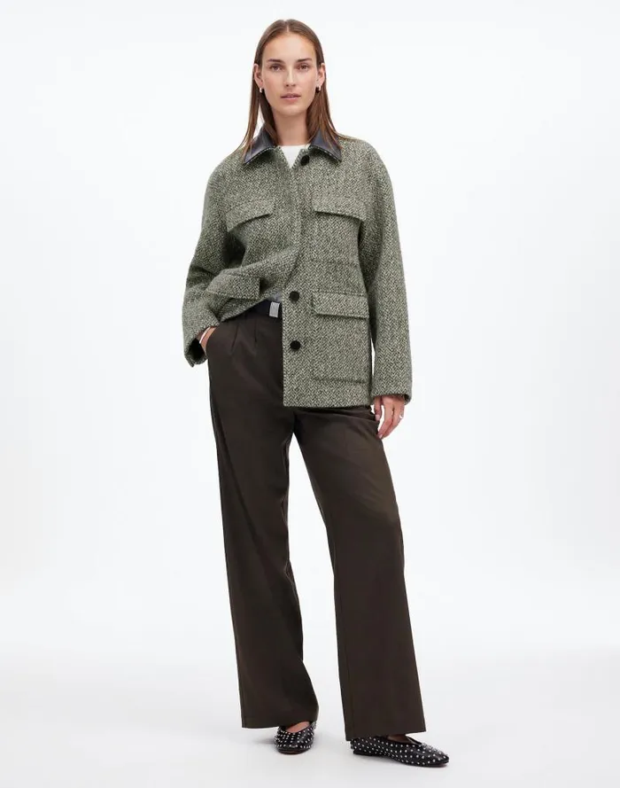 Women Leather Collar FlapPocket Field Jacket Grey Textured Tweed Madewell Coats Jackets