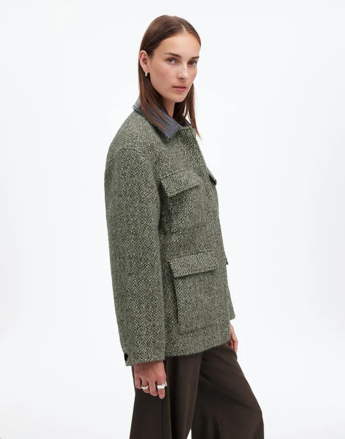 Women Leather Collar FlapPocket Field Jacket Grey Textured Tweed Madewell Coats Jackets
