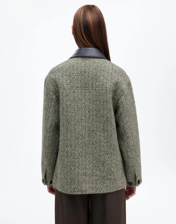Women Leather Collar FlapPocket Field Jacket Grey Textured Tweed Madewell Coats Jackets