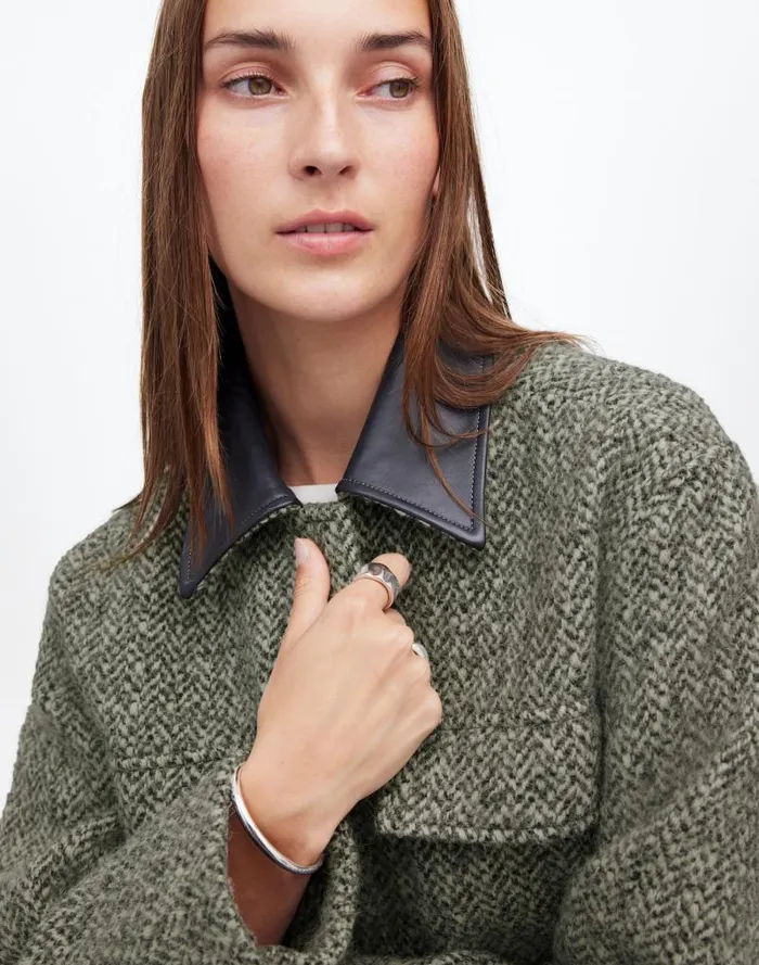 Women Leather Collar FlapPocket Field Jacket Grey Textured Tweed Madewell Coats Jackets