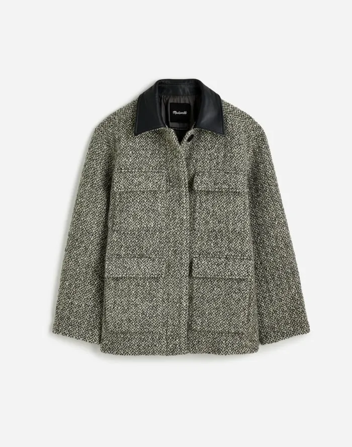 Women Leather Collar FlapPocket Field Jacket Grey Textured Tweed Madewell Coats Jackets