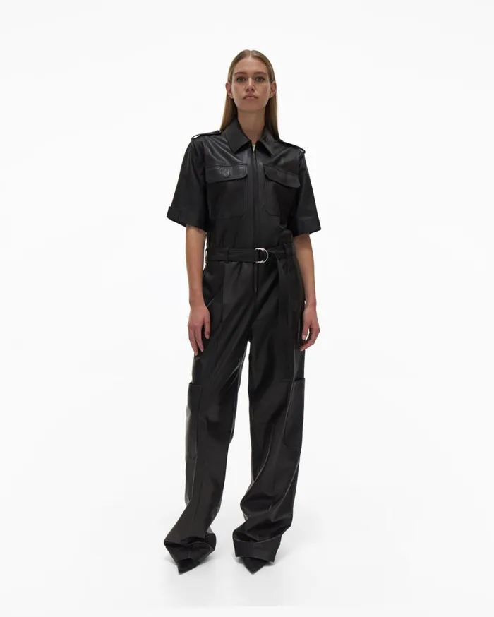 Women Leather Jumpsuit Black Helmut Lang Dresses