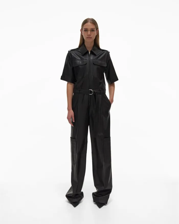 Women Leather Jumpsuit Black Helmut Lang Dresses