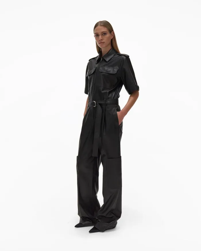 Women Leather Jumpsuit Black Helmut Lang Dresses